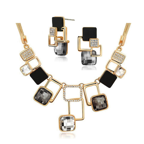 18K Gold Filled Rhinestone Crystal Acrylic Geometric Necklace Earring Jewellery Set