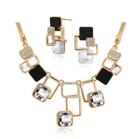 18K Gold Filled Rhinestone Crystal Acrylic Geometric Necklace Earring Jewellery Set