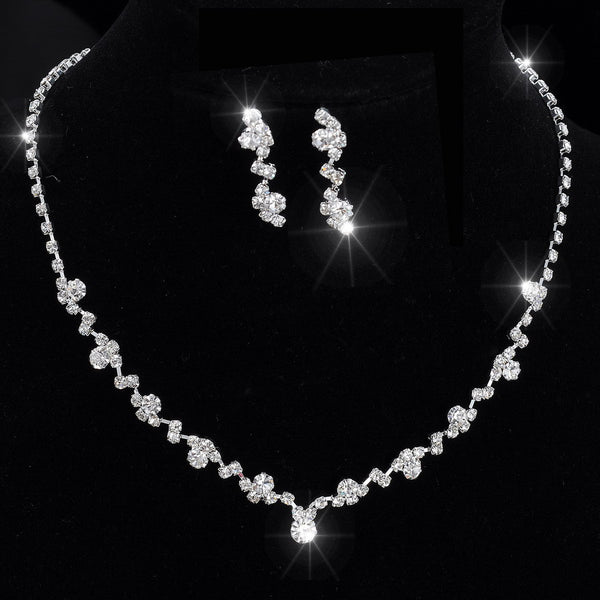 Silver Tone Crystal Tennis Necklace Earrings Set